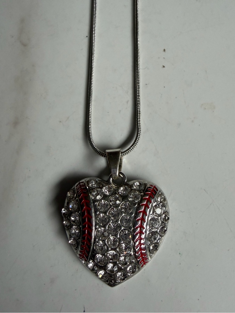 Silver Crystal Heart Baseball Pendant Necklace - Red Accent
